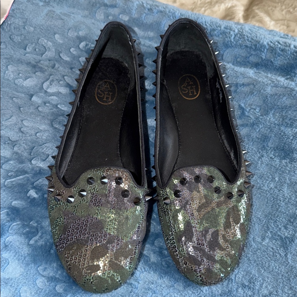 Ash Women's Green sequined Camouflage Studded Flats size 38